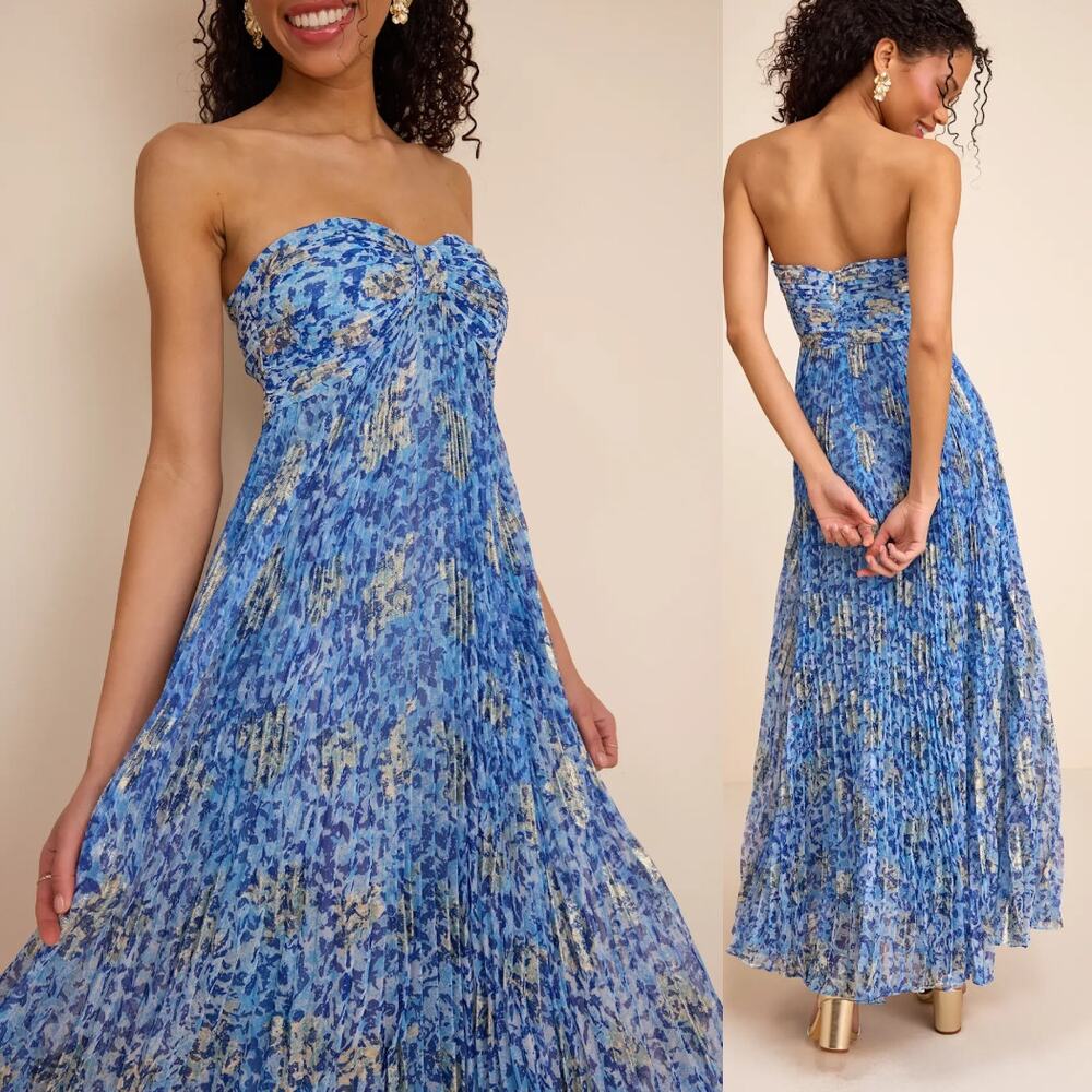NWT Lulus Lynwen Blue Abstract Pleated Strapless Maxi Dress Resort Size M